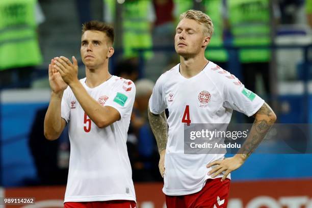 Players of Denmark greet fans after the penalty shootout on the 2018 FIFA World Cup Russia Round of 16 match between Croatia and Denmark at the...