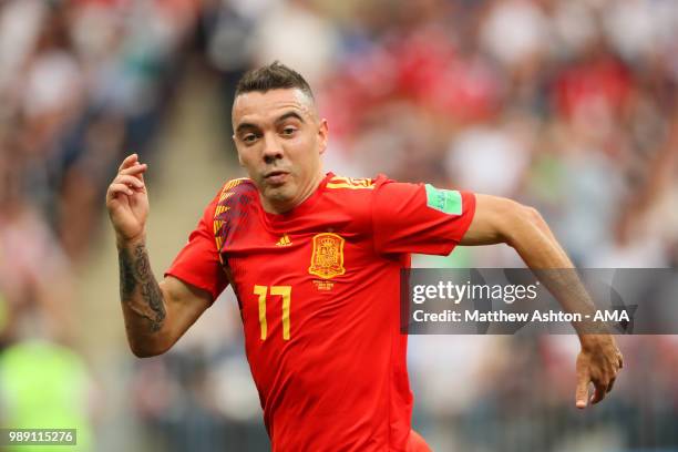 Iago Aspas of Spain in action during the 2018 FIFA World Cup Russia Round of 16 match between Spain and Russia at Luzhniki Stadium on July 1, 2018 in...