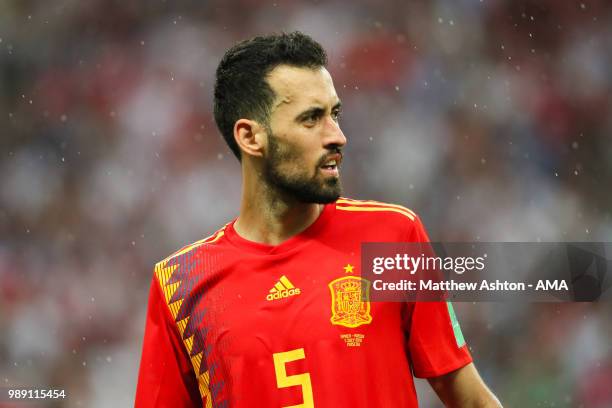 Sergio Busquets of Spain in action during the 2018 FIFA World Cup Russia Round of 16 match between Spain and Russia at Luzhniki Stadium on July 1,...