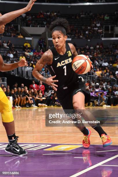 Tamera Young of the Las Vegas Aces handles the ball against the Los Angeles Sparks on July 1, 2018 at STAPLES Center in Los Angeles, California. NOTE...