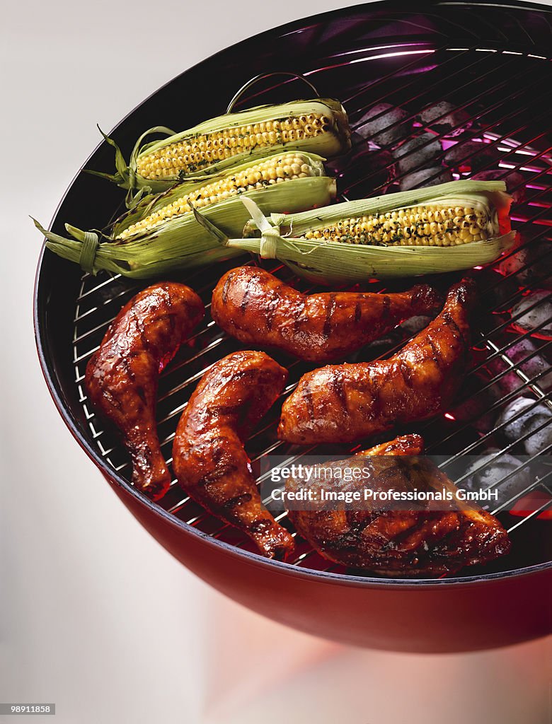 Barbecue chicken and corncob on barbecue grill.