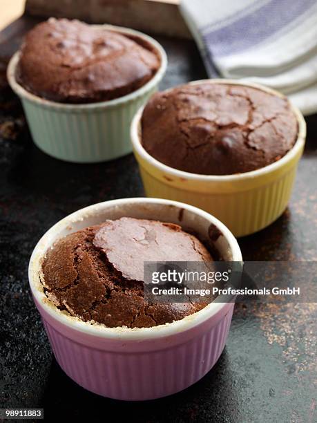chocolate souffles in ramekins. - chocolate souffle stock pictures, royalty-free photos & images