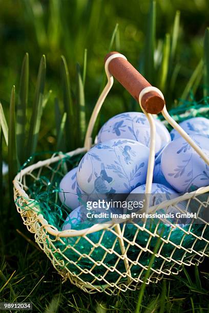 blue easter eggs in wire basket, close-up - eggs in basket stock pictures, royalty-free photos & images