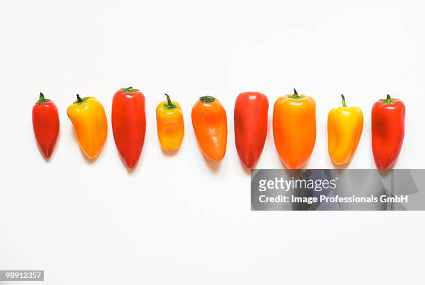 row of bell peppers on white background - orange bell pepper stockfoto's en -beelden