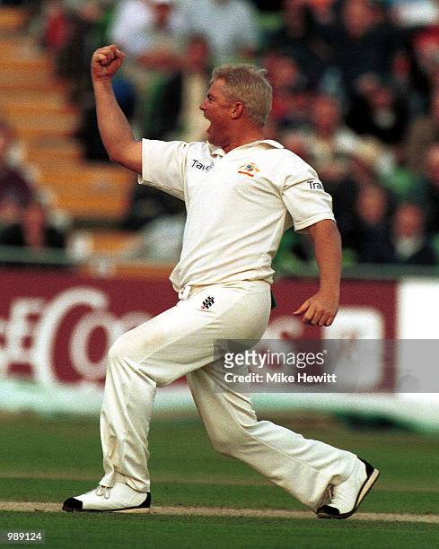 Shane Warne of Australia celebrates his five wicket haul during the second day of the Npower Third Test match between England and Australia at Trent...