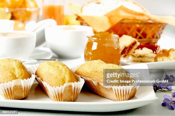 baked goods, jam and cappuccino for breakfast - cupcake holder stock pictures, royalty-free photos & images