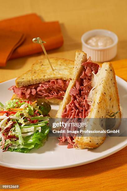 corned beef sandwich with side salad, close-up - side salad stock pictures, royalty-free photos & images