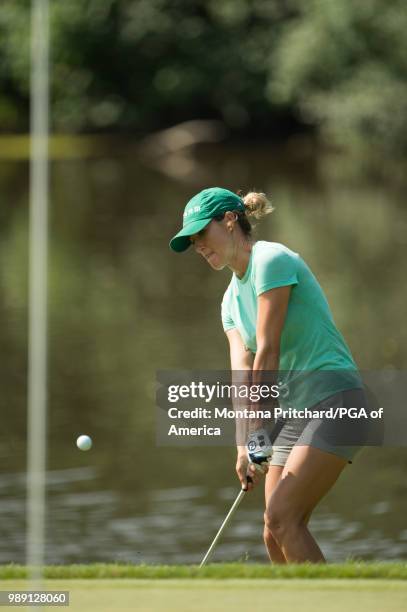Jaye Marie Green of the US chips onto the green on the eighth hole during the final round of the 2018 KPMG Women's PGA Championship at Kemper Lakes...