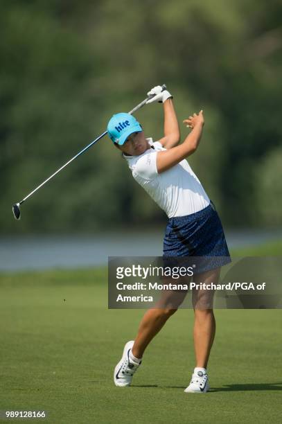 Jin Young Ko of the Republic of Korea hits her shot on the seventh hole during the final round of the 2018 KPMG Women's PGA Championship at Kemper...