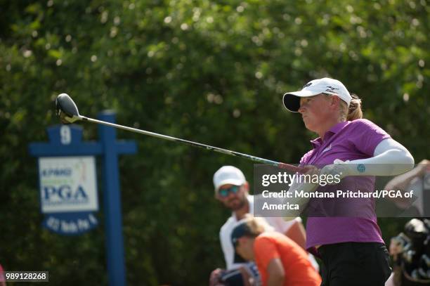 Stacy Lewis of the US watches her tee shot on the ninth hole during the final round of the 2018 KPMG Women's PGA Championship at Kemper Lakes Golf...