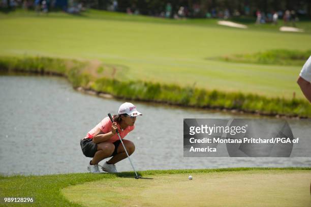 Nasa Hataoka reads her putt on the 18th hole during the final round of the 2018 KPMG Women's PGA Championship at Kemper Lakes Golf Club on July 1,...