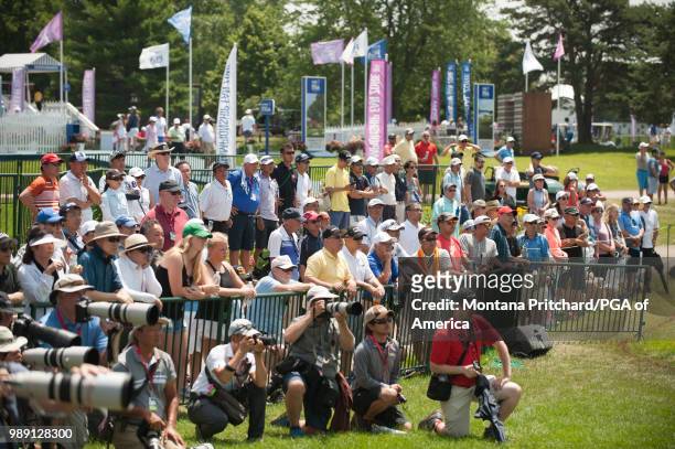 Gallery on the 18th hole watching Nasa Hataoka of Japan during the final round of the 2018 KPMG Women's PGA Championship at Kemper Lakes Golf Club on...