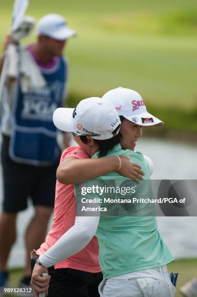 Nasa Hataoka of Japan after her round on the 18th hole during the final round of the 2018 KPMG Women's PGA Championship at Kemper Lakes Golf Club on...