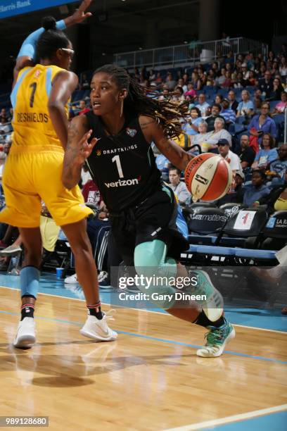 Shavonte Zellous of the New York Liberty handles the ball against the Chicago Sky on July 1, 2018 at Wintrust Arena in Chicago, Illinois. NOTE TO...