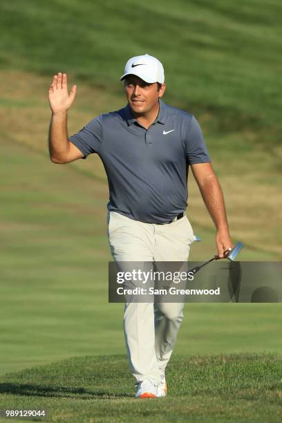 Francesco Molinari of Italy walks to the 18th green during the final round of the Quicken Loans National at TPC Potomac on July 1, 2018 in Potomac,...