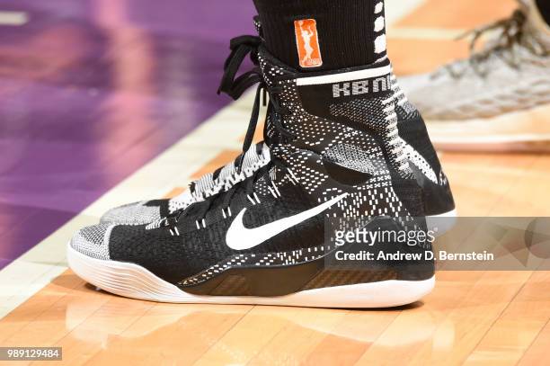 Sneakers of Jantel Lavender of the Los Angeles Sparks during game against the Las Vegas Aces on July 1, 2018 at STAPLES Center in Los Angeles,...