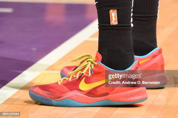 Sneakers of Tamera Young of the Las Vegas Aces during game against the Los Angeles Sparks on July 1, 2018 at STAPLES Center in Los Angeles,...