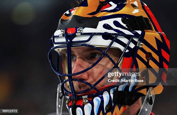 Scott Clemmensen, goalkeeper of USA looks dejected during the IIHF World Championship group D match between USA and Germany at Veltins Arena on May...