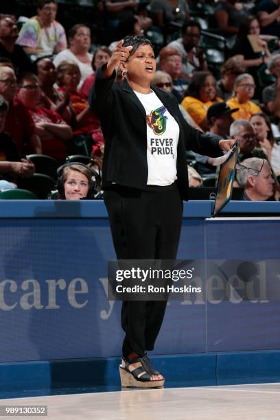 Head Coach Pokey Chatman of the Indiana Fever reacts during the game against the Atlanta Dream on July 1, 2018 at Bankers Life Fieldhouse in...