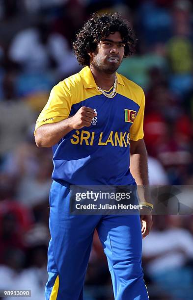 Lasith Malinga of Sri Lanka shows his delight at the dismissal of Dwayne Bravo during The ICC World Twenty20 Super Eight Match between The West...