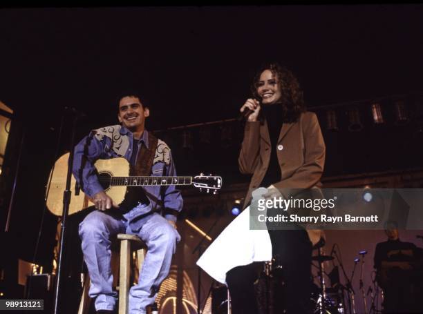 Country singers Chely Wright and Brad Paisley perform at the Fremont St. "Country Hoedown" in conjunction with the NFR on November 30, 2000 in Las...