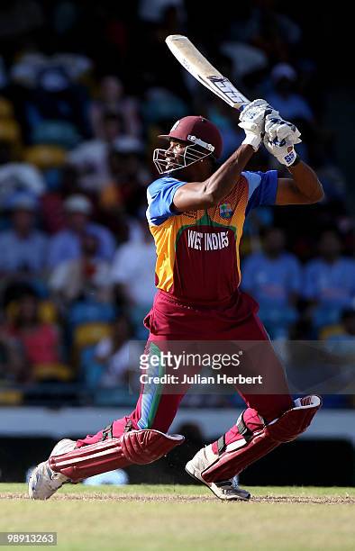 Kieron Pollard of The West Indies hits out during The ICC World Twenty20 Super Eight Match between The West Indies and India played at The Kensington...