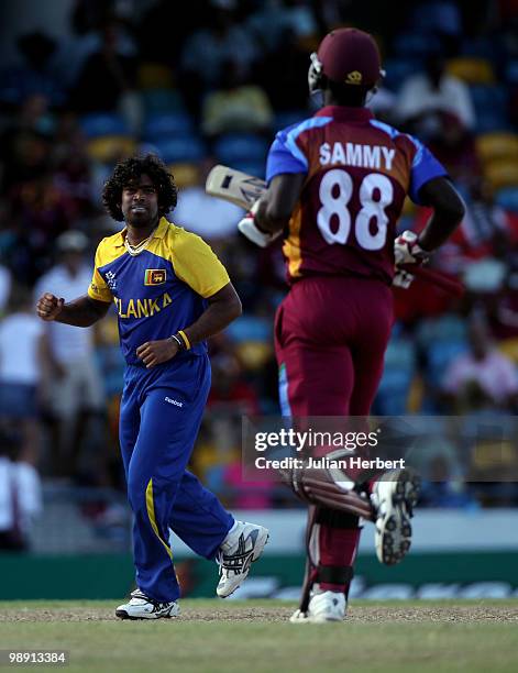 Lasith Malinga of Sri Lanka shows his delight at the dismissal of Darren Sammy during The ICC World Twenty20 Super Eight Match between The West...