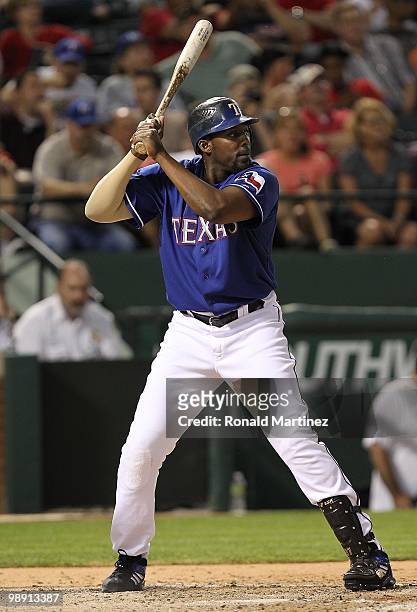 Vladimir Guerrero of the Texas Rangers at bat against the Kansas City Royals on May 6, 2010 at the Ballpark in Arlington, Texas.