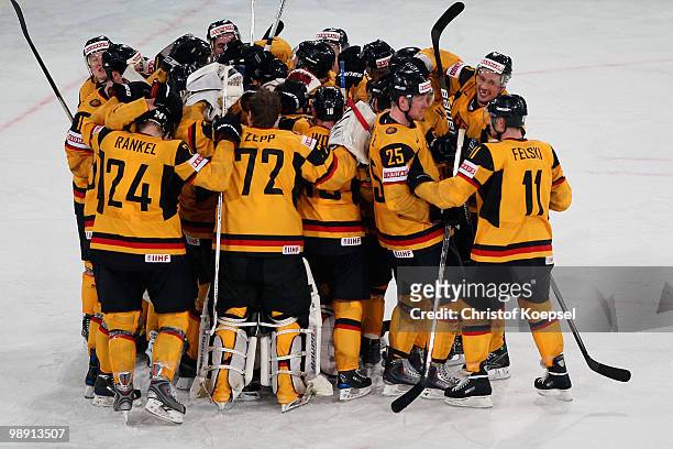 Germany celebrates the 2-1 victory after the IIHF World Championship group D match between USA and Germany at Veltins Arena on May 7, 2010 in...