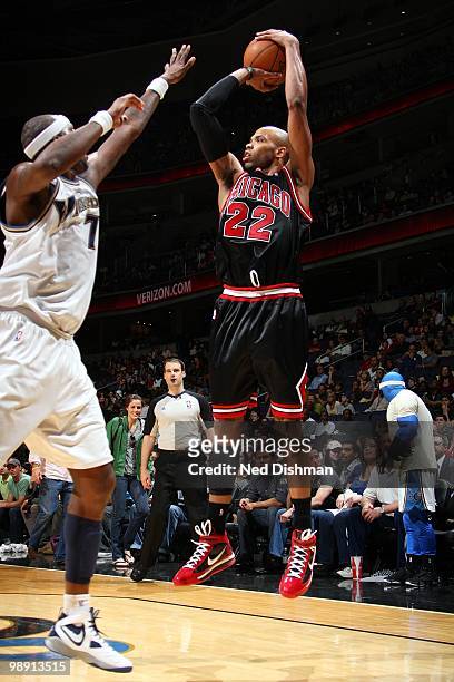 Taj Gibson of the Chicago Bulls makes a jumpshot against the Washington Wizards during the game at the Verizon Center on April 2, 2010 in Washington,...