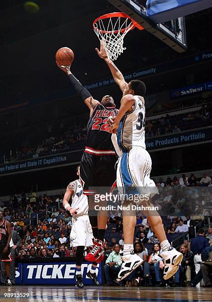 Taj Gibson of the Chicago Bulls puts a shot up against the Washington Wizards during the game at the Verizon Center on April 2, 2010 in Washington,...