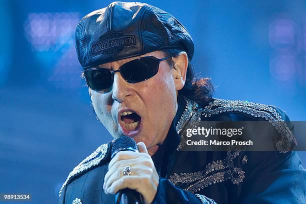Singer Klaus Meine of German rock band Scorpions performs on stage during the first show of their 'Get your Sting and Blackout Farewell-Tour' at the...