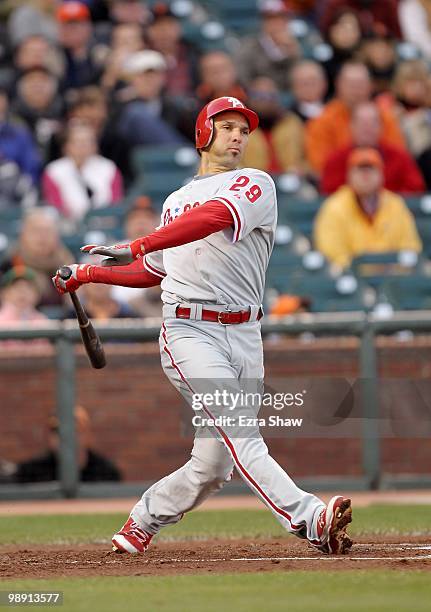 Raul Ibanez of the Philadelphia Phillies bats against the San Francisco Giants at AT&T Park on April 27, 2010 in San Francisco, California.