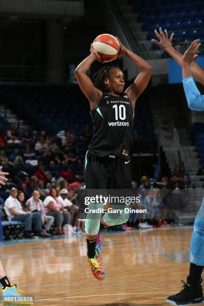 Epiphanny Prince of the New York Liberty handles the ball against the Chicago Sky on July 1, 2018 at Wintrust Arena in Chicago, Illinois. NOTE TO...