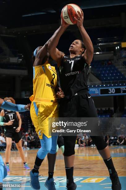 Kia Vaughn of the New York Liberty handles the ball against the Chicago Sky on July 1, 2018 at Wintrust Arena in Chicago, Illinois. NOTE TO USER:...