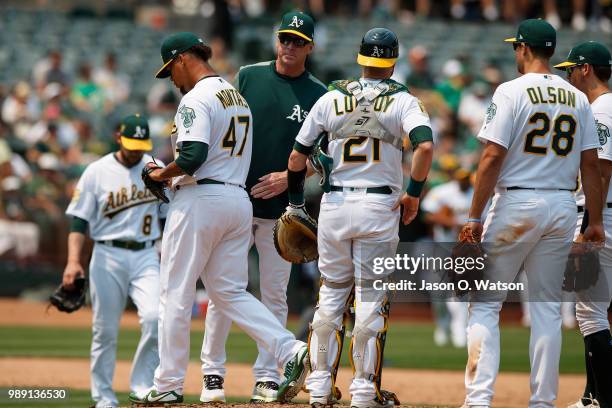 Frankie Montas of the Oakland Athletics is relieved by manager Bob Melvin during the sixth inning against the Cleveland Indians at the Oakland...