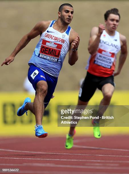 Adam Gemili of Great Britain in the Men's 200m Heats during Day Two of the Muller British Athletics Championships at the Alexander Stadium on July 1,...