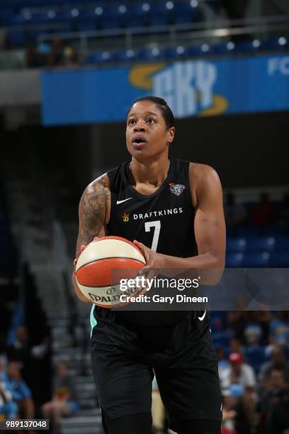 Kia Vaughn of the New York Liberty handles the ball against the Chicago Sky on July 1, 2018 at Wintrust Arena in Chicago, Illinois. NOTE TO USER:...