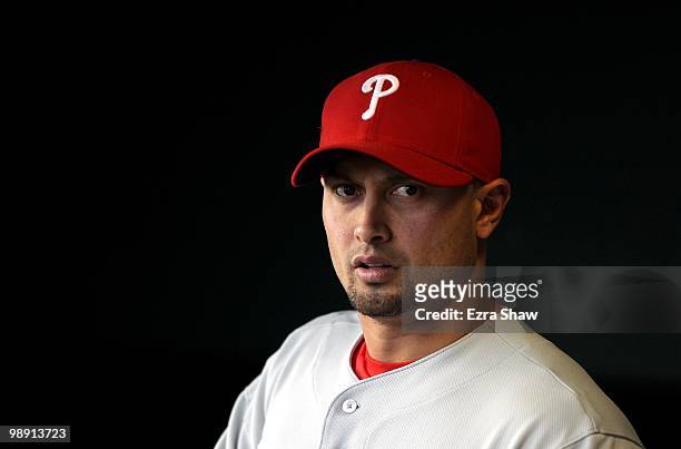 Shane Victorino of the Philadelphia Phillies stands in the dugout before their game against the San Francisco Giants at AT&T Park on April 27, 2010...