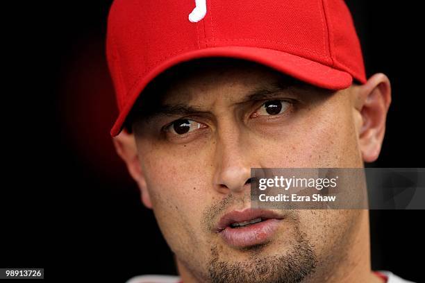 Shane Victorino of the Philadelphia Phillies stands in the dugout before their game against the San Francisco Giants at AT&T Park on April 27, 2010...