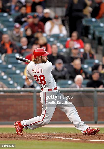 Jayson Werth of the Philadelphia Phillies bats against the San Francisco Giants at AT&T Park on April 27, 2010 in San Francisco, California.