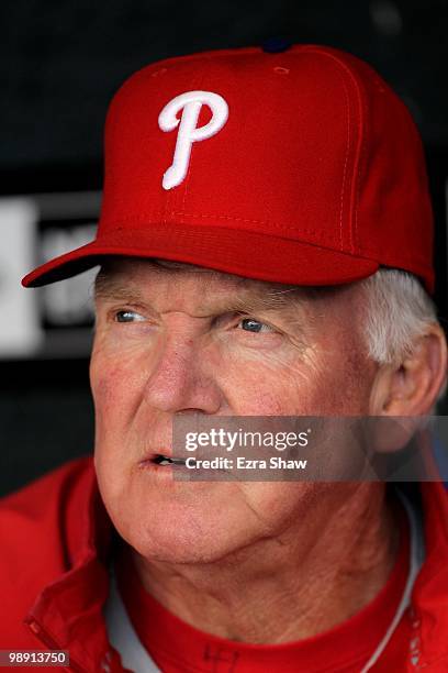 Manager Charlie Manuel of the Philadelphia Phillies sits in the dugout before their game against the San Francisco Giants at AT&T Park on April 27,...