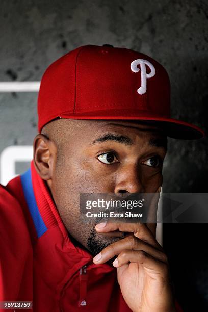 Jimmy Rollins of the Philadelphia Phillies sits in the dugout before their game against the San Francisco Giants at AT&T Park on April 27, 2010 in...