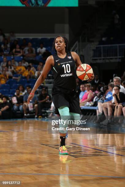 Epiphanny Prince of the New York Liberty handles the ball against the Chicago Sky on July 1, 2018 at Wintrust Arena in Chicago, Illinois. NOTE TO...