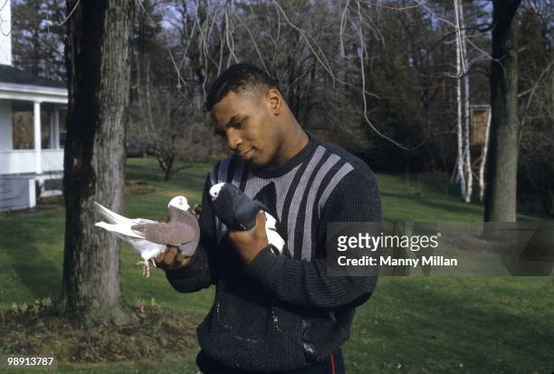 Casual portrait of Mike Tyson holding pigeons in each hand at the home of his surrogate mother Camille Ewald. Catskill, NY 12/1/1985 CREDIT: Manny...