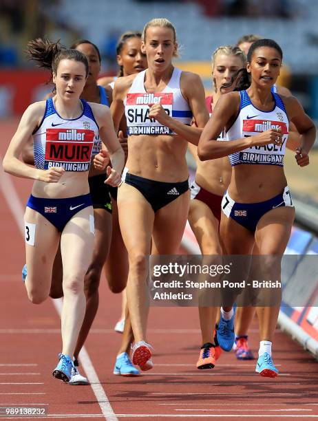 Laura Muir, Lynsey Sharp and Adelle Tracey of Great Britain compete in the Women's 800m Final during Day Two of the Muller British Athletics...