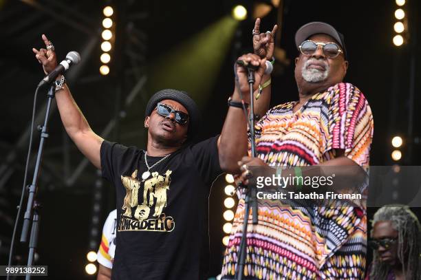 George Clinton of George Clinton & Parliament Funkadelic performs on the Main Stage on Day 3 of Love Supreme Festval on July 1, 2018 in Brighton,...