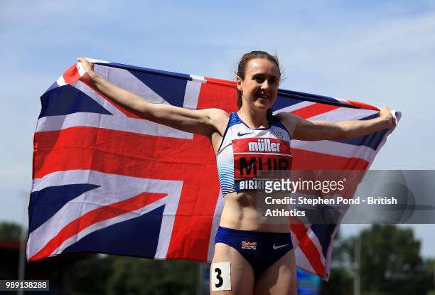 Laura Muir of Great Britain celebrates winning the Women's 800m Final during Day Two of the Muller British Athletics Championships at the Alexander...