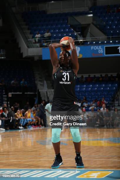 Tina Charles of the New York Liberty shoots the ball against the Chicago Sky on July 1, 2018 at Wintrust Arena in Chicago, Illinois. NOTE TO USER:...