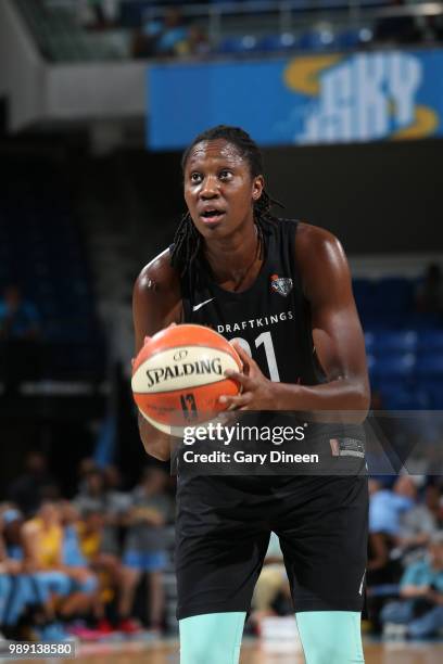 Tina Charles of the New York Liberty handles the ball against the Chicago Sky on July 1, 2018 at Wintrust Arena in Chicago, Illinois. NOTE TO USER:...